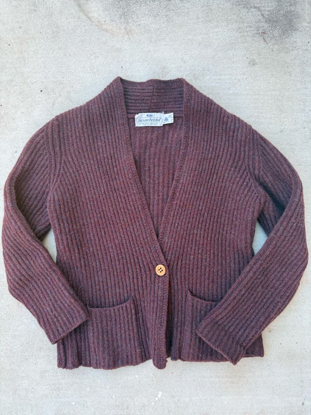 Vintage Susan Bristol Burgundy Shetland Wool Knit Cardigan Sweater Size L